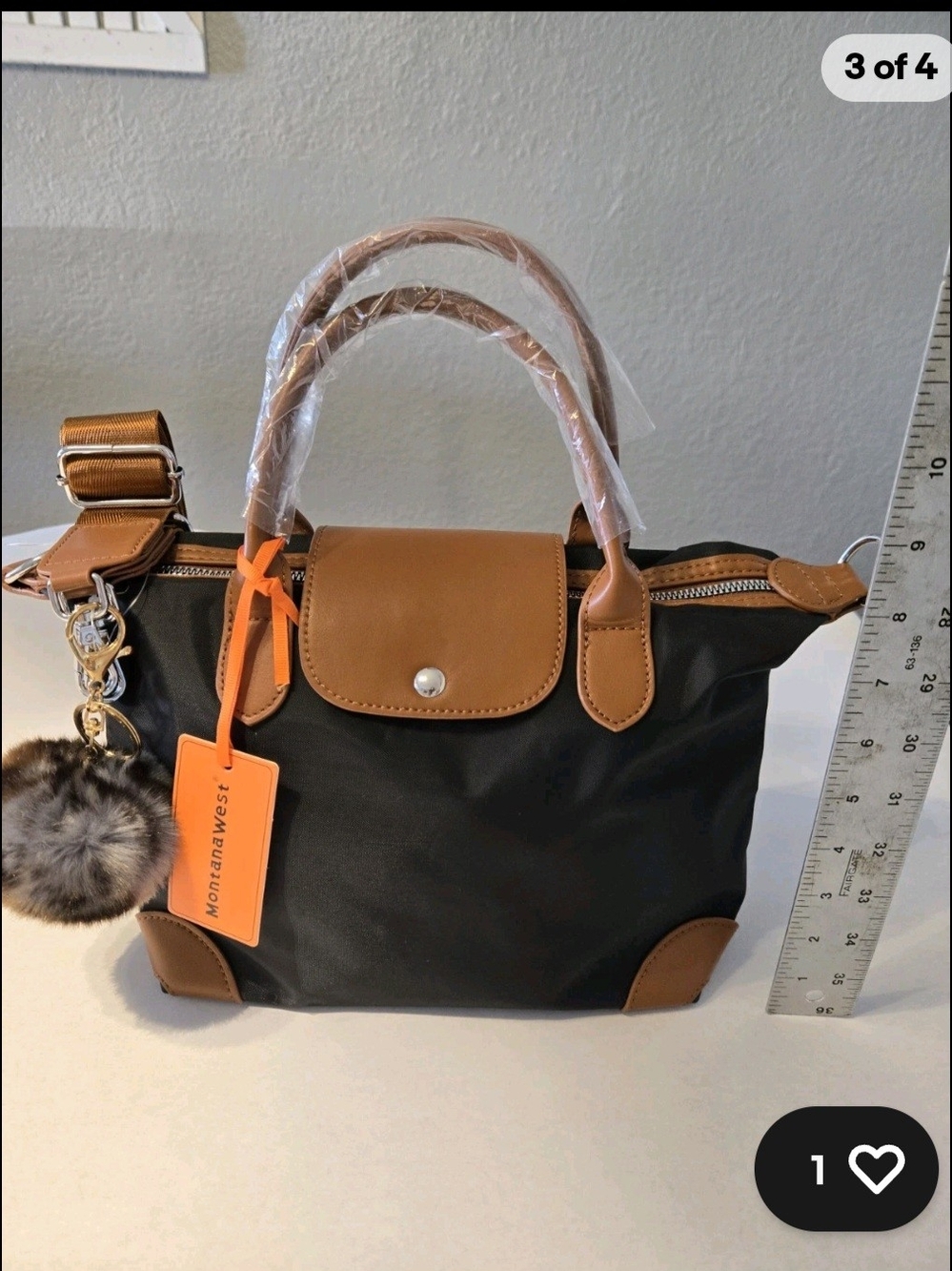 Montana West Black Tote with Brown Trim and Pom Charm